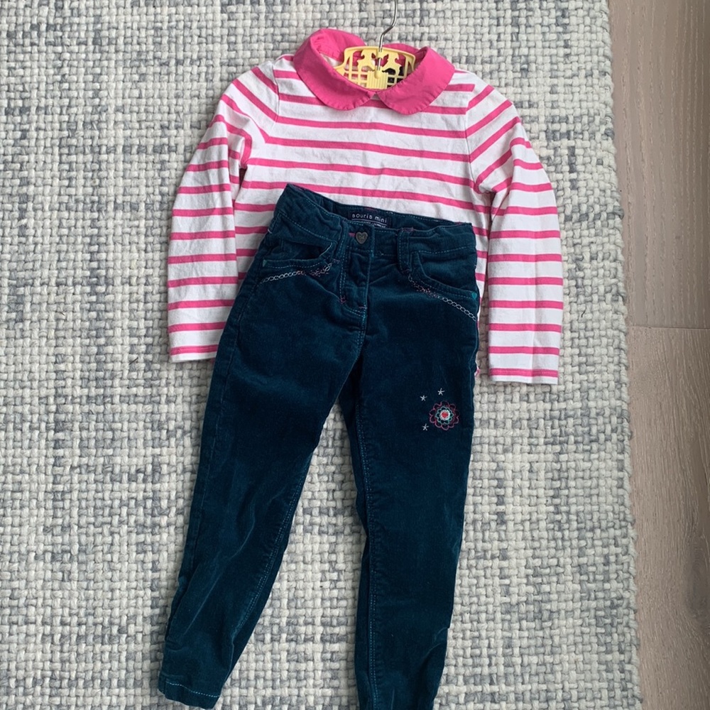 Souris Mini Corduroy embroidered teal pants with Pink Gap kids shirt